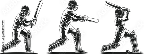 Cricket batsman silhouette, batting sequence, sports motion, black figure, helmeted player, swing technique, white background, athletic pose, action shot