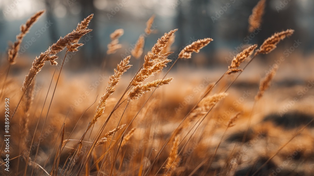 Fototapeta premium Golden grasses sway gently in a sunlit field, showcasing nature's beauty in warm hues and soft focus.