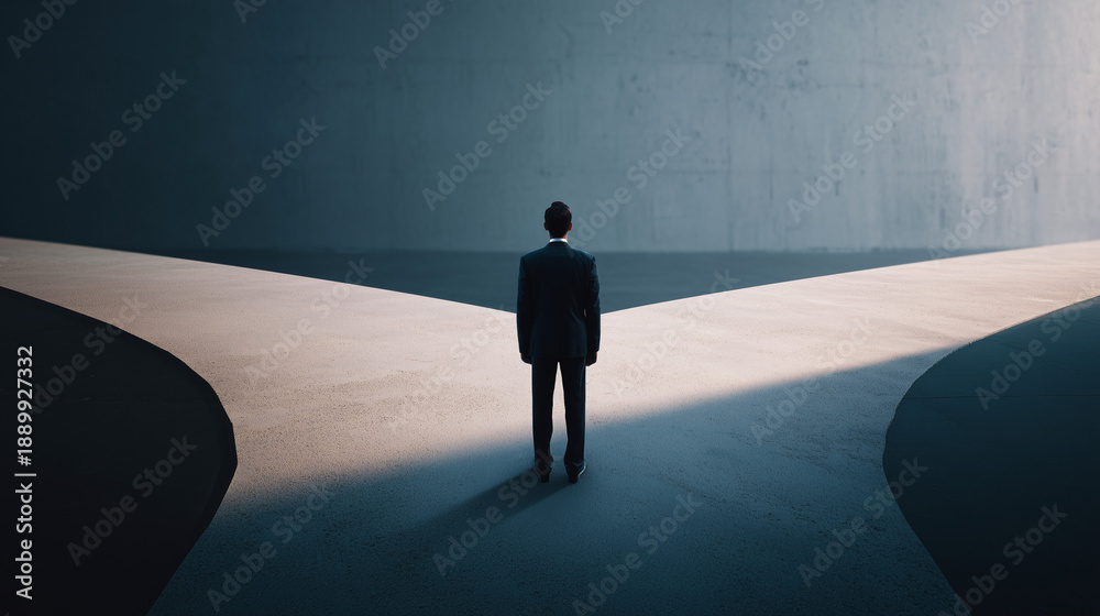 Obraz premium A powerful conceptual image of a businessman in a suit seen from behind, standing at a Y-shaped crossroads, symbolizing career decisions, future planning, and strategic leadership.