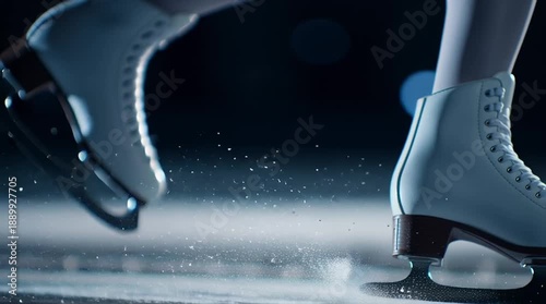 Close-up of a figure skater's white ice skate gliding on the rink, creating splashes of ice. The scene captures the essence of winter sports competitions in Italy.