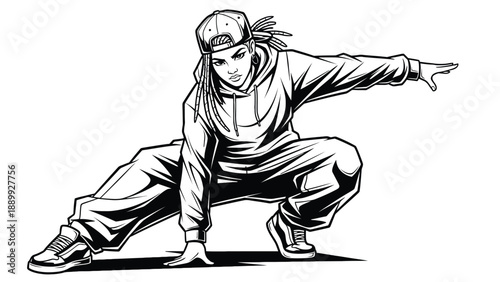 Energetic female hip hop dancer in urban streetwear performing a low crouching move for modern dance studio branding and youth culture business marketing.