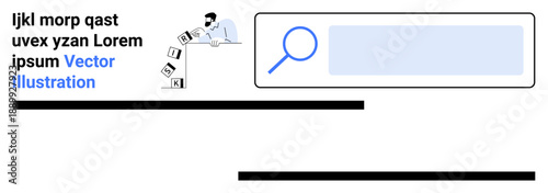 Information search, online research, digital data, knowledge exploration, content indexing, learning tools. A magnifying glass and falling letters with a person analyzing. Information search