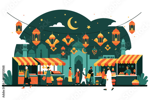 Colorful illustration of a vibrant night market with lanterns and happy shoppers