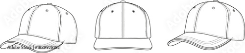 Technical line drawings of baseball cap in three angles, showcasing detailed stitching and structure for fashion design, apparel manufacturing, and product development visuals.
