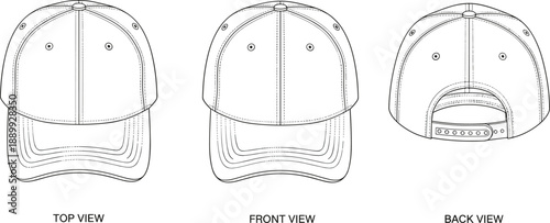Technical line drawings of baseball cap in top, front, and back views, showcasing snapback structure, stitching details, and design layout for apparel development.