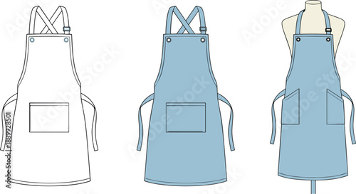 Three apron design stages from sketch to mannequin display, ideal for fashion development, sewing patterns, and apparel concept visualization in editorial use.