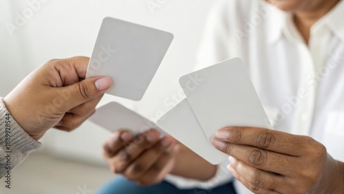 People holding blank cards, possibly for a game or activity, demonstrating interaction and engagement in a casual setting.