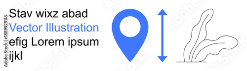 Free Download Navigation, location services, mapping, pointer icons, minimalist sign design, creative layouts. Blue location pin and arrow with text and abstract plant drawing. Navigation and location services - GFXLoad