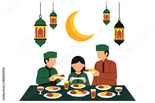 Family enjoying traditional iftar meal together with lanterns and crescent moon illustration