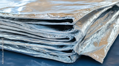A stack of folded thermal reflective blankets made of shiny silver material neatly arranged for storage or emergency use