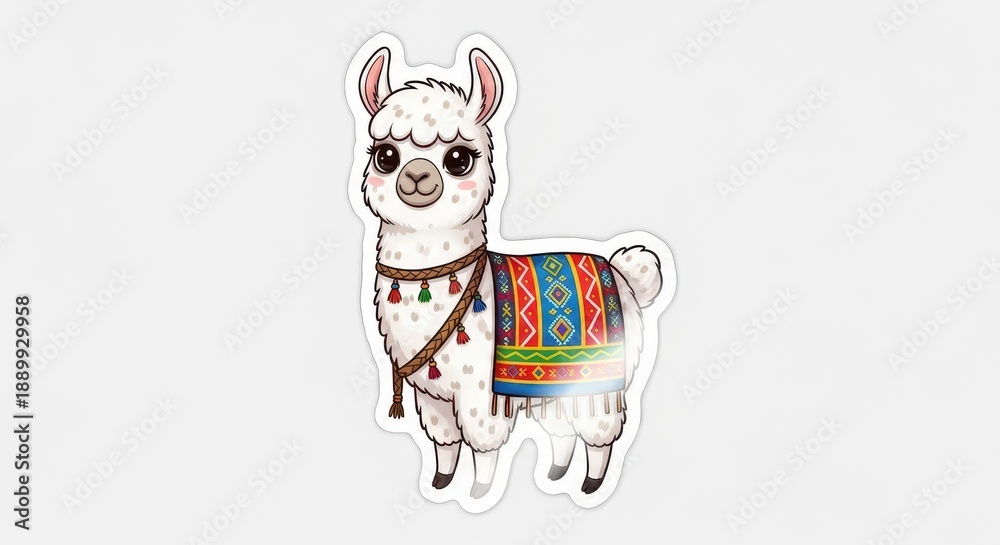 Naklejka premium Adorable cartoon white animal with colorful woven textile decoration stands isolated on white background