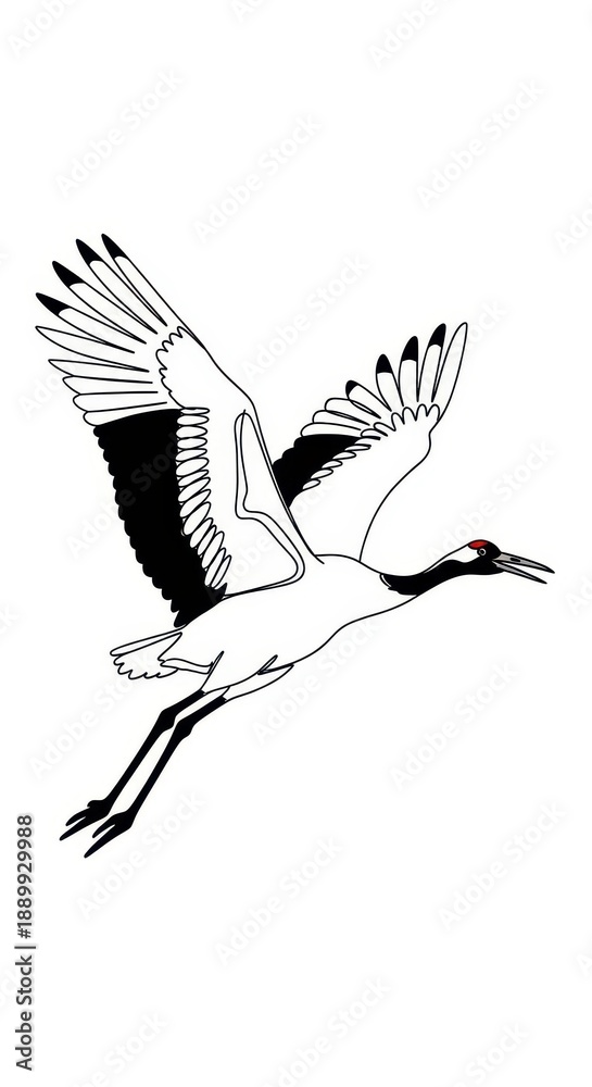 Fototapeta premium Elegant wading bird in flight depicted with bold black and white outline illustration