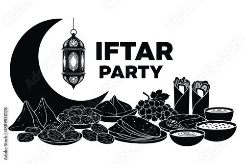 Traditional iftar party illustration with food and ramadan decorations isolated