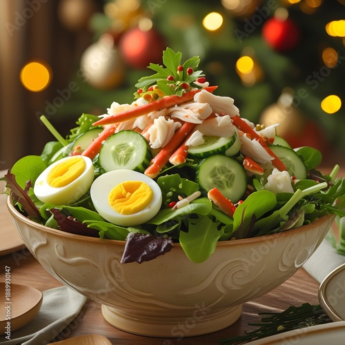 Ketogenic diet breakfast. Salt salmon salad with boiled shrimps, prawns, cucumbers, arugula, eggs and avocado. Keto, paleo lunch.