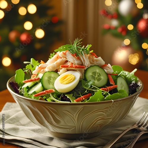 Avocado salad with baby spinach, shrimps and boiled eggs