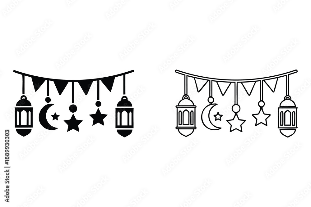 Fototapeta premium Ramadan or eid decorative elements with lanterns moon and stars isolated illustration