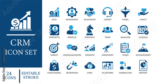 CRM and Customer Relationship Management Icons. Featuring sales funnel, lead generation, customer support, and data analytics symbols. Editable vector for business and marketing apps