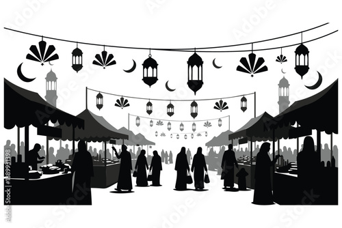 Traditional middle eastern market scene with lanterns and moon decorations isolated illustration