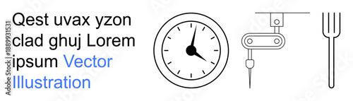 Industrial automation, manufacturing technology, food processing, time tracking, minimalist design, mechanical engineering. Clock symbol, robotic arm and fork illustration. Industrial automation