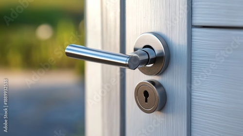 Wallpaper Mural Close-up of a modern door handle and lock on a light-gray door.  Blurred background of out-of-focus greenery Torontodigital.ca