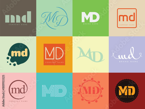 MD logo company template. Letter m and d logotype. Set different classic serif lettering and modern bold text with design elements. Initial font typography.
