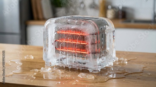 Kitchen bread toaster sculpted of clear ice melting with glowing red heating elements, contradiction and destruction concept 3D illustration
