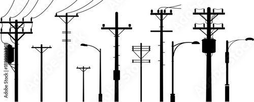 Collection of black silhouette utility poles and streetlights electricity power line