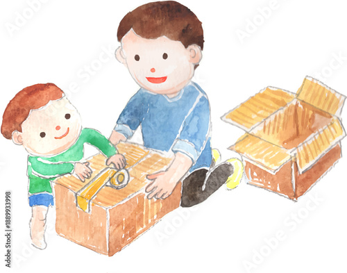 引越しの荷造りをする親子のイラスト　ベクター