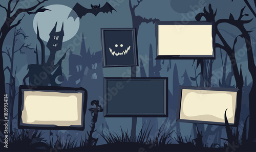 Spooky Halloween frames set with haunted castle silhouette, full moon, bat, dark forest, eerie blank decorative borders for scary themed design