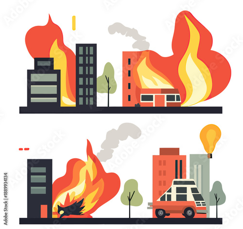 Minimalist flat vector illustration of urban fire accidents with burning buildings, smoke, flames, car fire, and city street emergency scene in modern style