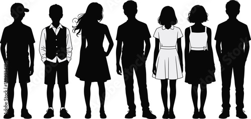 Diverse group of children and adults in silhouette against a white background people