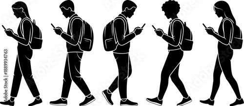 Five black silhouettes of people walking and looking at smartphones mobile phone