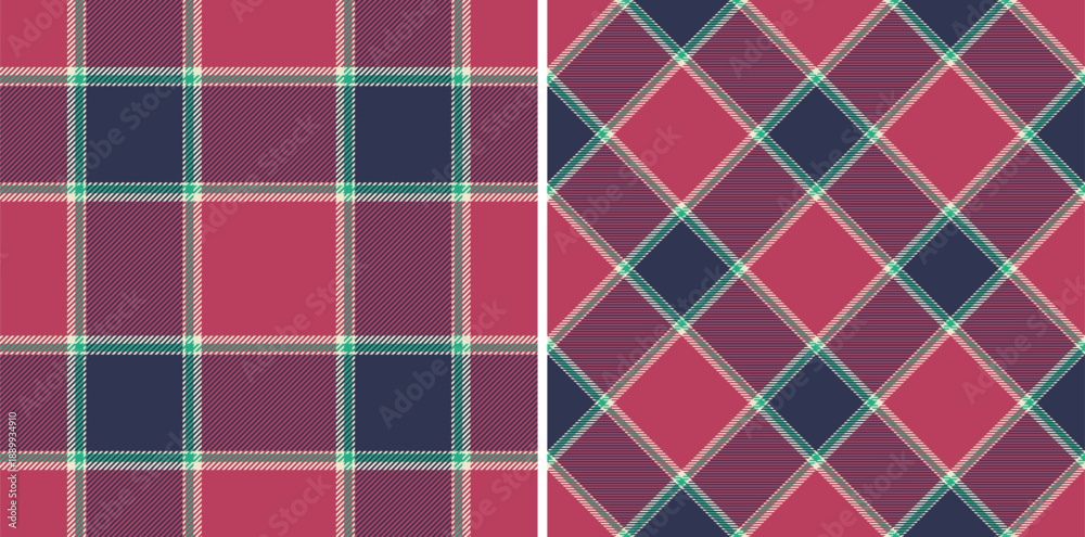 Fototapeta premium Classic tartan patterns, sidebyside. Traditional textile design in red, navy, and green. Useful for backgrounds, fashion, and cultural themes. Warm, vintage feel.