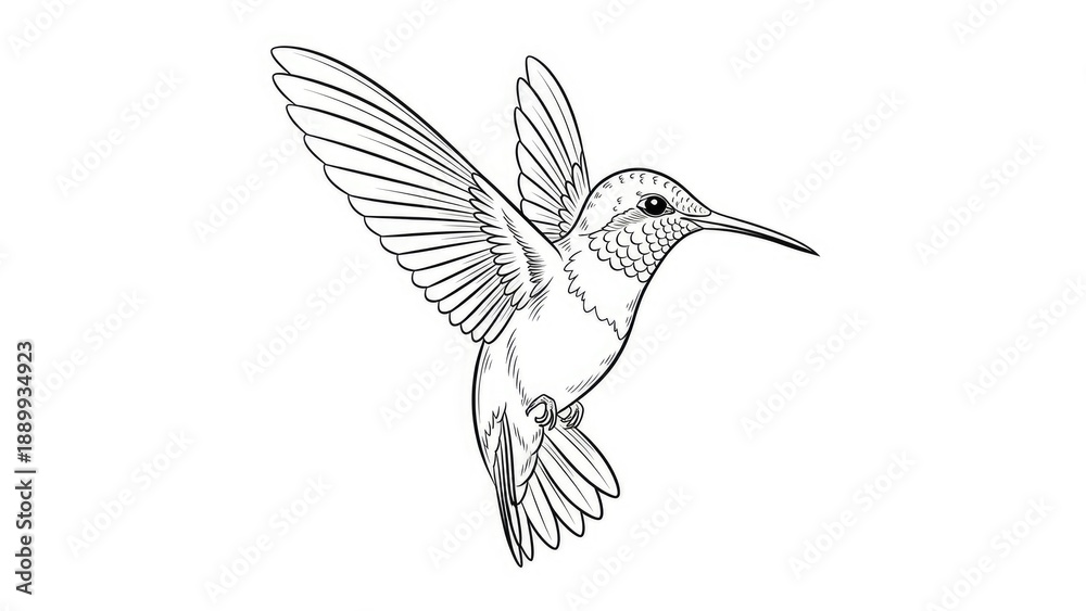 Obraz premium Fineline Hummingbird in Flight with Outstretched Wings Tattoo Design
