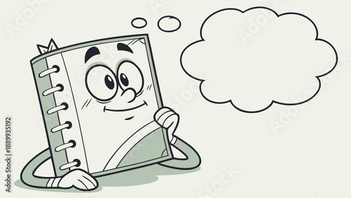 A thoughtful cartoon notebook with a hand on the chin, a concept for ideas and planning.