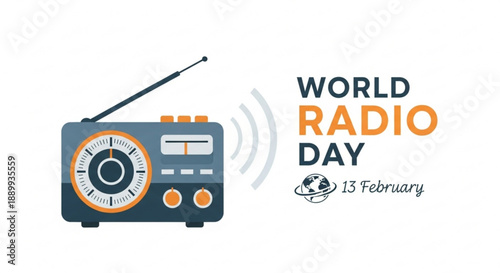 Vintage radio illustration for World Radio Day celebrating broadcast and communication flat vector design with signal waves and date