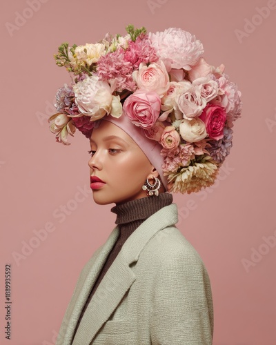 Wallpaper Mural Elegant fashion portrait of a young woman wearing an elaborate pink rose headpiece and mint green coat Torontodigital.ca