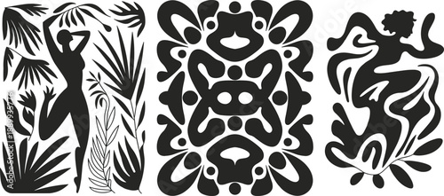 Abstract Minimalist Silhouette Illustration Set Featuring Organic Botanical Shapes Dancing Human Figures and Matisse Inspired Aesthetic Patterns Isolated on White Background for Modern Decor