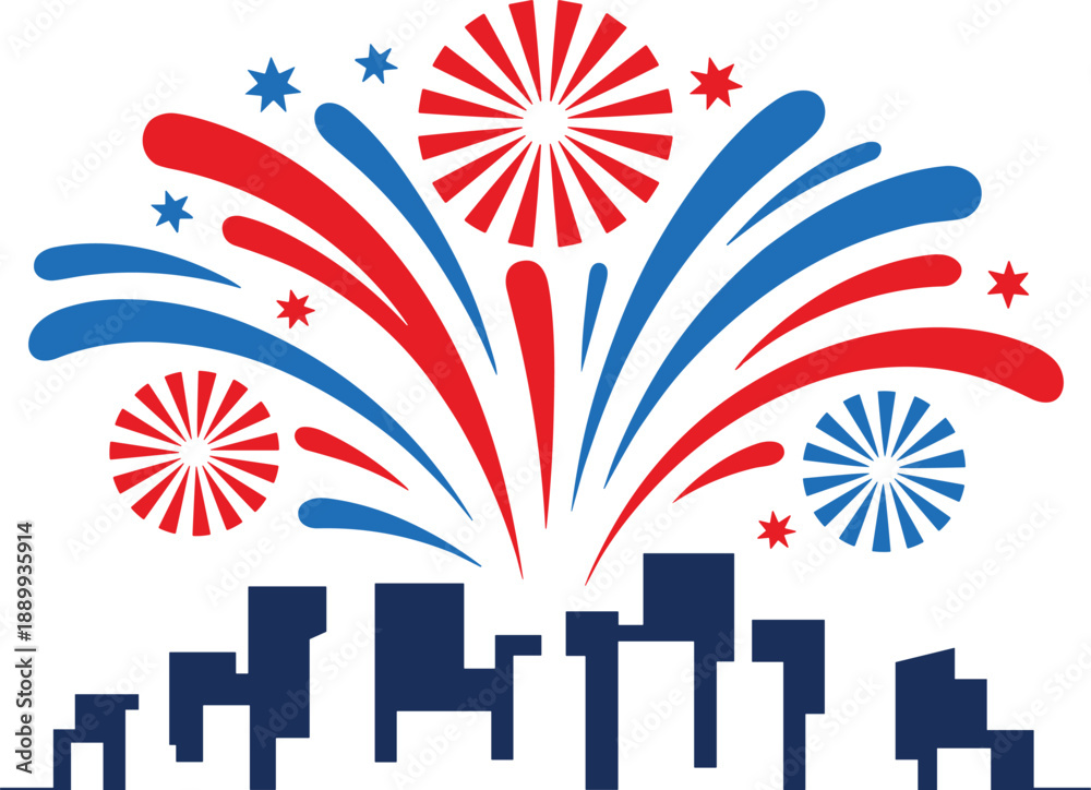 Obraz premium Red blue white fireworks exploding over abstract city skyline explosion celebration