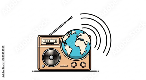 Vintage radio broadcasting the globe representing global communication and worldwide information transmission flat vector illustration on white background