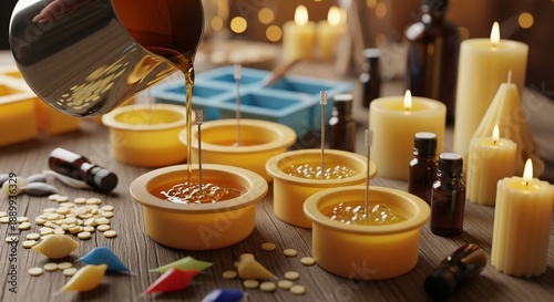 Candle making process with melted wax and various candle molds.