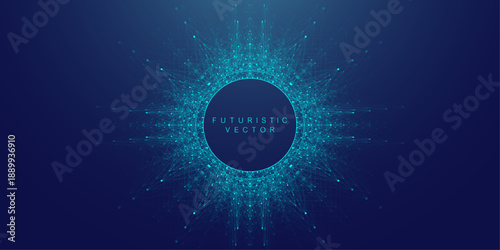 Scientific vector illustration quantum qubit technology. Plexus fiction effect. Deep learning artificial intelligence. Big data algorithms visualization. Quantum explosion background.