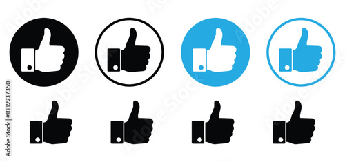 Thumbs Up Icon Set. Vector collection of black and blue Like buttons, hand gestures, and approval symbols isolated on white background.approval, excellent, very good icon. thumb up symbol. 