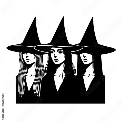 Trio of Witches: Three women in pointed hats standing together, coven style.