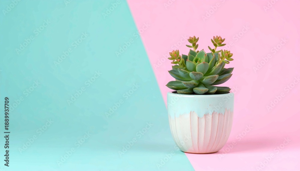 Naklejka premium Small Green Succulent Plant in a Ceramic Pot on a Minimalist Pastel Pink and Blue Background, Natural Houseplant Interior Decoration for Home Office, Modern Botanical Still Life