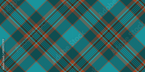 Geometric textile fabric plaid, dress check seamless texture. Packaging vector pattern tartan background in cyan and orange colors.