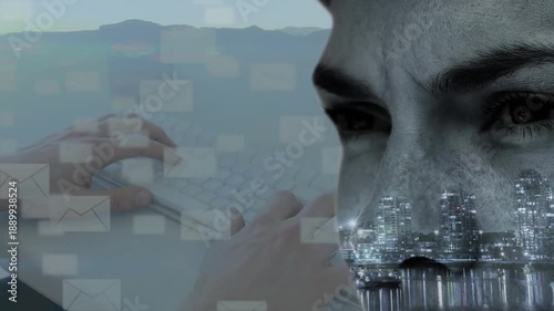 Animation of envelopes and face with cityscape over hands using computer