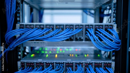 A high-angle view reveals a complex server rack filled with an array of blue Ethernet cables plugged into network switches, illuminated by numerous green and orange indicator lights. It portrays the