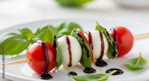 Fresh Caprese Skewers with Cherry Tomatoes and Basil on White Plate.