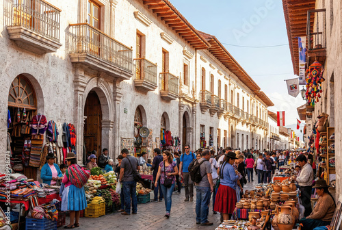 Fotografía de una concurrida calle peatonal en el centro histórico de Arequipa, mostrando tiendas de artesanías con textiles andinos y cerámicas en la base de edificios coloniales de sillar blanco 